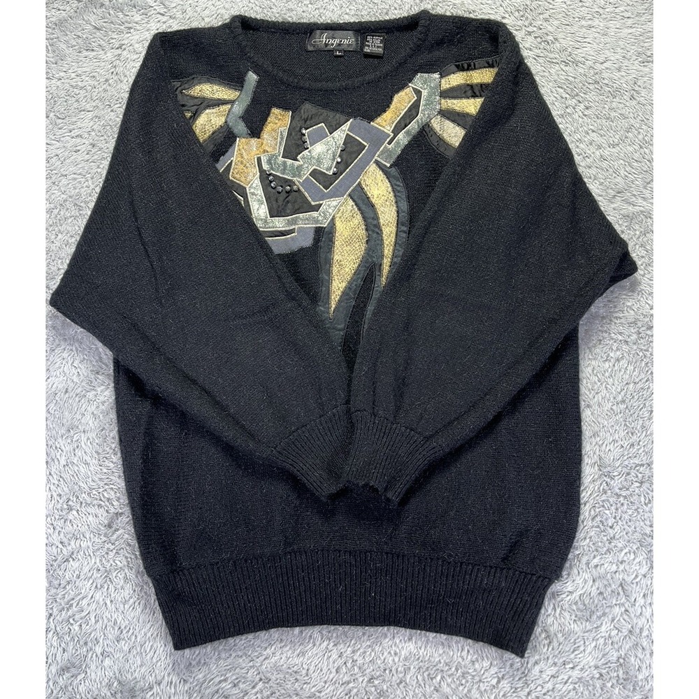 Vtg 80s Angenie Womens L Black Fuzzy Knit Sweater Beaded Embroidered Statement